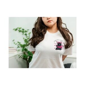White Graphic Tee with Cute Black Cat and Pink Accents